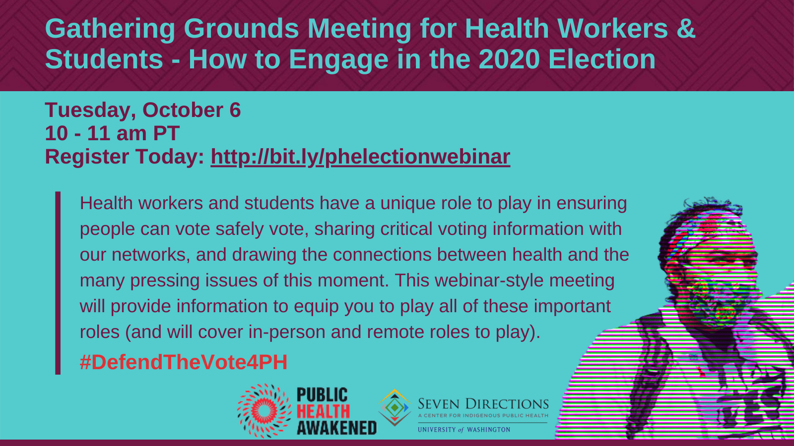 Information about a past Gathering Grounds webinar. Text: Gathering Grounds Meeting for Health Workers & Students - How to Engage in the 2020 Election.