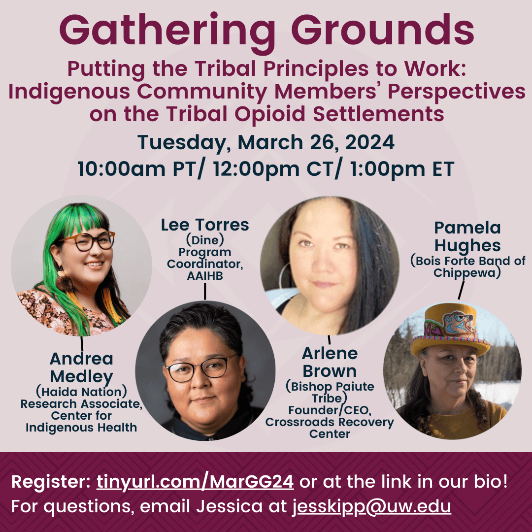 Information about a past Gathering Grounds webinar. Text: Putting the Tribal Principles to Work: Indigenous Community Members' Perspective on the Tribal Opioid Settlements. Held Tuesday, March 26, 2024.