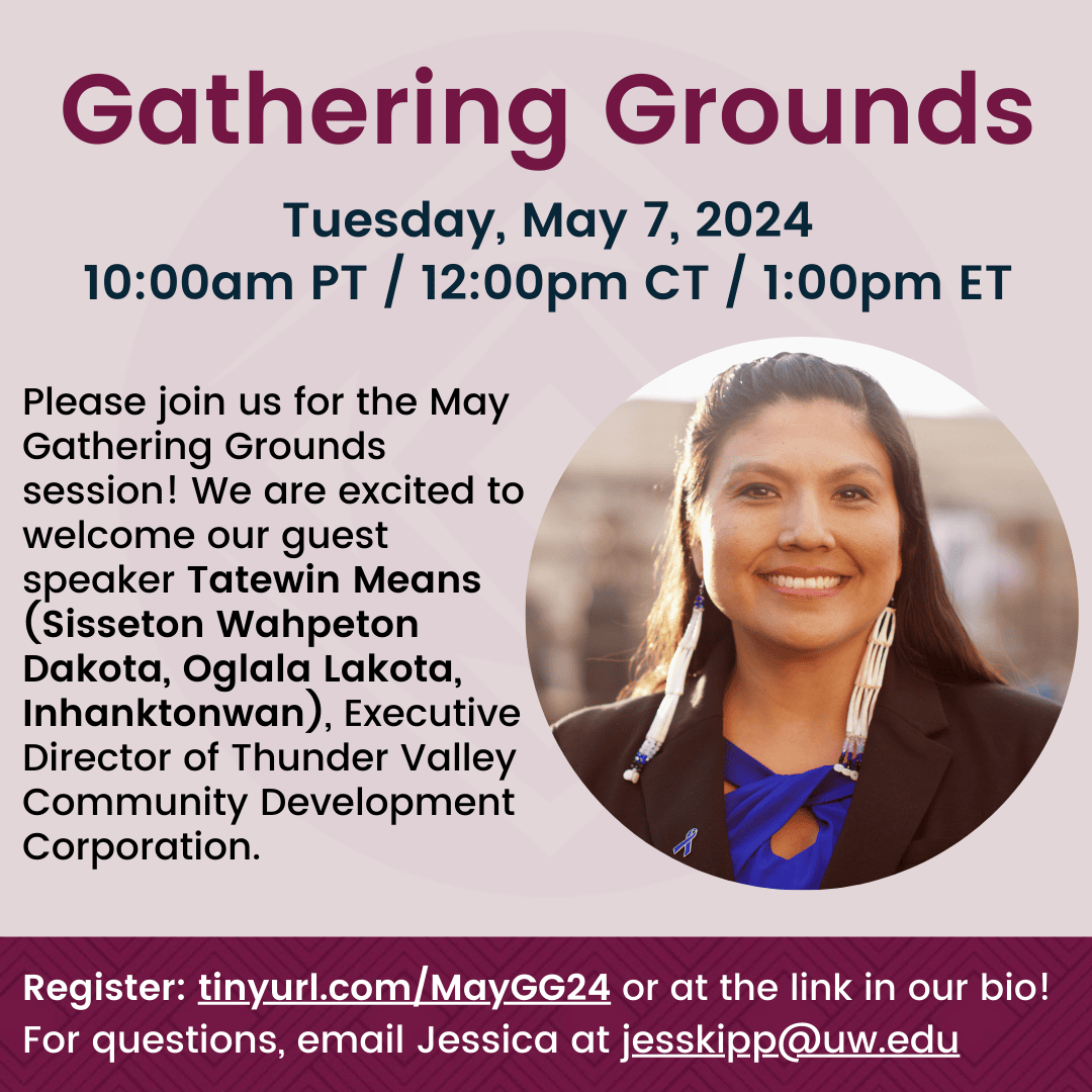 Information about a past Gathering Grounds webinar. Text: Gathering Grounds. Held Tuesday, May 7, 2024.