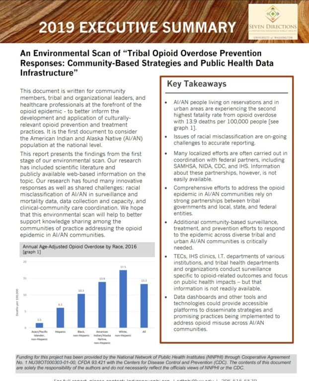 An image of the 2019 Executive Summary of the document, "An Environmental Scan of "Tribal Opioid Overdose Prevention Responses: Community-Based Strategies and Public Health Data Infrastructure."