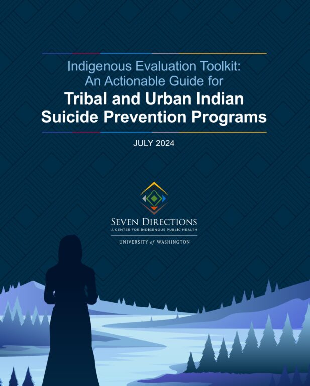 Cover page of the document titled "Indigenous Evaluation Toolkit: An Actionable Guide for Tribal and Urban Indian Suicide Prevention Programs." Published July 2024. Seven Directions logo with text: Seven Directions, a Center for Indigenous Public Health, University of Washington. The bottom is an illustration from the Toolkit of the outline of a woman looking over a winding river with evergreen trees on the banks.