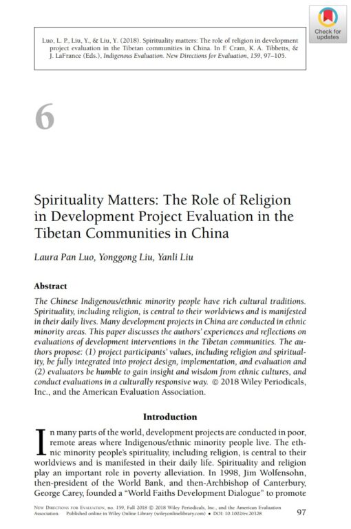 The first page of a book chapter. Text: Spirituality Matters: The Role of Religion in Development Project Evaluation in the Tibetan Communities in China, by Laura Pan Luo, Yonggong Liu, Yanli Liu.