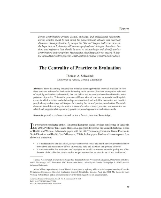 First page of a journal article with text "The Centrality of Practice to Evaluation" by Thomas A. Schwandt.