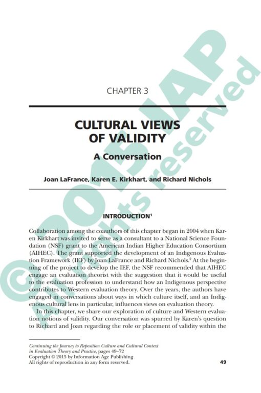 First page for a book chapter. Text: Chapter 3, Cultural Views of Validity, A Conversation. By Joan LaFrance, Karen E. Kirkhart, and Richard Nichols.