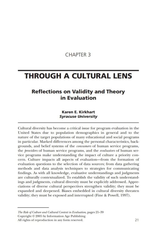 First page of a book chapter. Text: Chapter 3, Through A Cultural Lens, Reflections on Validity and Theory in Evaluation. By Karen E. Kirkhart, Syracuse University.