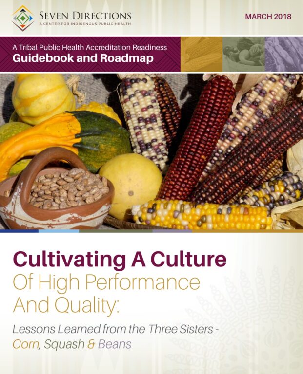 Cover page for a document. Text: A Tribal Public Health Accreditation Readiness Guidebook and Roadmap. Cultivating A Culture of High Performance and Quality: Lessons Learned from the Three Sisters - Corn, Squash, & Beans. Published March 2018.
